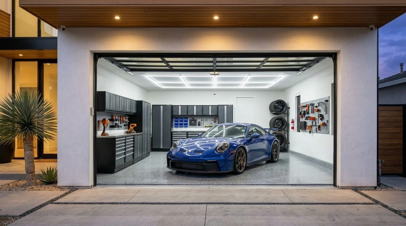 Ross Garage Door Service Interior View of Custom Garage Door Overhead and Workshop